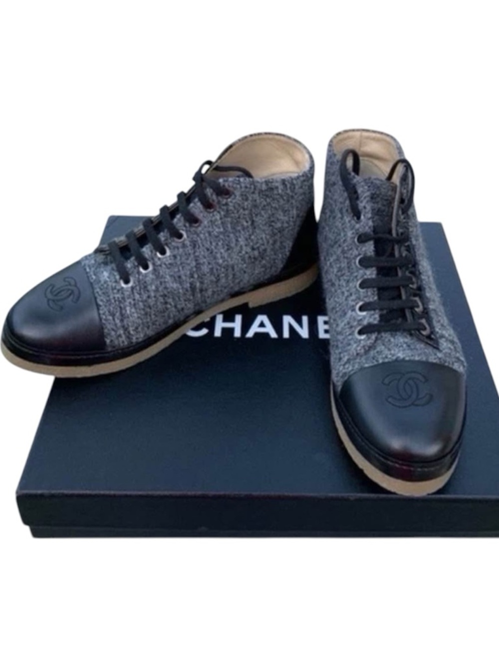 Chanel CC Tweed Lace-Up Ankle Boots